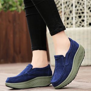 Wholesale Hot Sale-New Genuine Leather Women Swing Shoes Slip-on Loss Shoes Wedge 5CM Height Increasing Slimming Sneakers