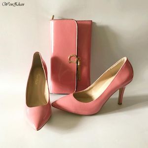 Женская Обувь, Соответствующая Сумочкам оптовых-Обувь платье Молодые розовые патентные лампы на высоком каблуке женские насосы с матчами женские сумочки наборы для любого случая Wenzhan A98