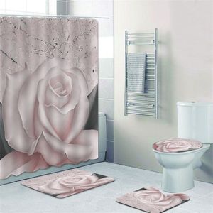 3D branco cor-de-rosa cortina de chuveiro elegante moda moderna rosas floral cortina de banho para tapetes de banheiro tapetes tapete casa decoração 180x200 210402