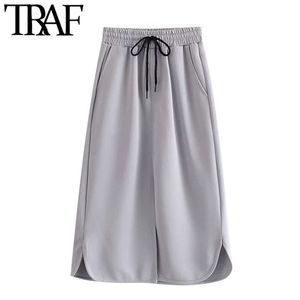 TRAF Women Fashion With Drawstrings Slit Hem Midi Skirt Vintage High Elastic Waist Side Pockets Female Skirts Mujer 210415
