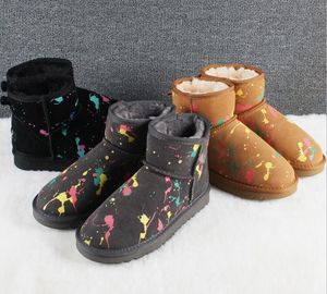 Hot AUS Novel 5854 women short snow boots painting Graffiti keep warm boot Sheepskin Cowskin Genuine Leather Waterproof Plush boots with dustbag card U5854