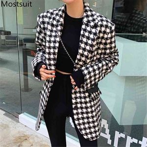 Houndstooth vintage woolen mulheres blazer jaqueta de inverno manga comprida único-breasted casaco coreano moda feminina femme 210518