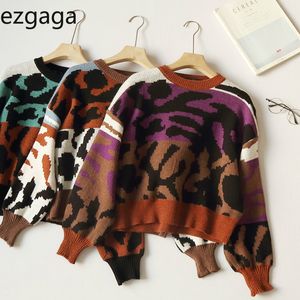 Ezdgaga Vintage Moda Sweter Pullover Kobiety Streetwear Harajuku O-Neck Kontrast Wzór Damskie Topy Jesień Casual Jumper 210430