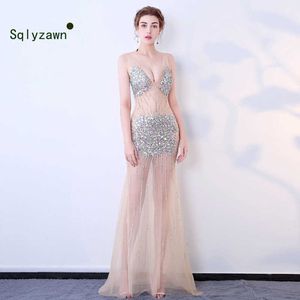 Handmade Mesh Perspective Sparkly Crystals Long Dress Evening Party Rhinestones Dresses Birthday Celebrate Costume Fringes Dress 210709