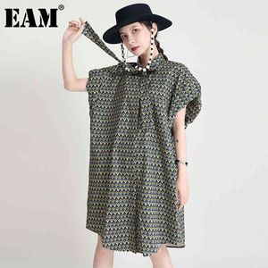 [EAM]女性イエロービッグサイズ印刷コントラストカラードレスボウネックノースリーブルースファッションスプリングサマー1DD8526 210512
