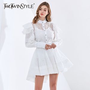 TWOTWINSTYLE White Elegant three Piece Set For Women Stand Collar Long Sleeve Patchwork Lace Shirt High Waist Skirt Female Sets 210517