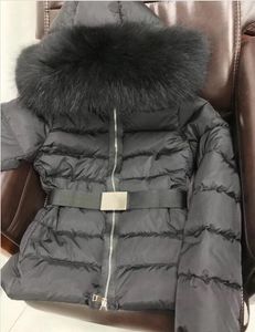 Women 100% Big Real Fox Fur Hooded Down Coat Thick Warm Double Zipper Slim With Belt Jacket Waterproof Parkas All Black