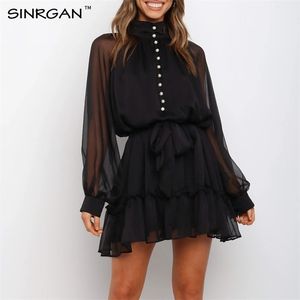 Nankey Black Sexy High Neck Szyfonowa Mini Dress A-Line Długi Rękaw Turtlenck Moda Bandaż ES 210623