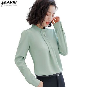 Naviu는 부드럽고 편안한 셔츠 긴 소매 다이아몬드 사무실 레이디와 고품질 블라우스 여성을위한 루스 스타일 녹색 맨 210604