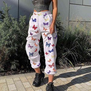 Moda donna Farfalla stampata a vita alta Pantaloni cargo Pantaloni sportivi da corsa Pantaloni sportivi larghi Pantaloni lunghi casual Pantaloni # p3 Y211115