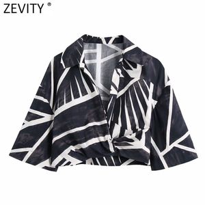 Women Vintage Black White Tie Dyed Printing Hem Knot Short Smock Blouse Female Kimono Shirts Chic Crop Blusas Tops LS9239 210420