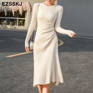 autumn winter A-LINE sweater dress elegant knit Drawstring women slim midi Female chic 211206