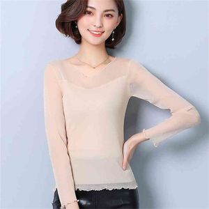 Patchwork Ruffles Long Sleeve Tshirt Spring Summer Slim Women Mesh Vintage Streetwear T Shirts Tops Camiseta Mujer T96802 210421