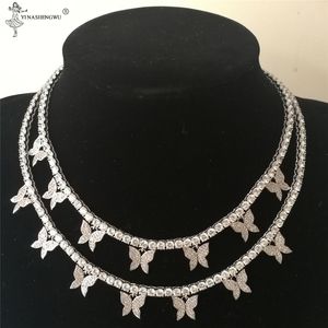 Fashion Iced Out Seven Butterflys Choker Pendant Men Necklace Silver Color With 4mm Tennis Chain Hip Hop Jewelry For Women X0509
