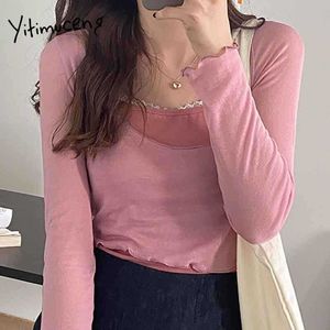 Yitimuceng T Shirts and Camis Tees 2 Piece Suit Women Skinny Unicolor Blue Black Pink Tops Spring Summer Fashion TShirts 210601