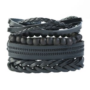 Handgjorda flätat svart rep Multilayer Läder Charm Armband Set för män Kvinnor Justerbar Punk Trä Beaded Bangle Smycken