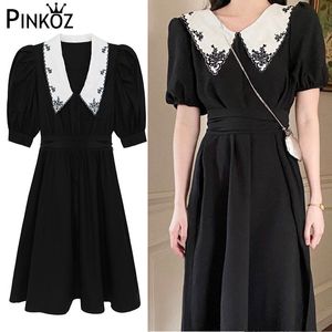 Vintage Plus Größe 4XL Peter Pan Kragen Hohe Taille Hauchhülse Kleid Frauen Sommer Stickerei Blumen A-Line Big 210421