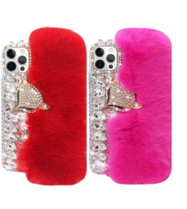 Śliczne fuzzy futrzane zimowe włosy królik ciepłe pluszowe etui na telefon komórkowy Diamentowy Gemstone D Fox Głowy Miękka osłona TPU dla iPhone Plus XR XSMAX Pro Max