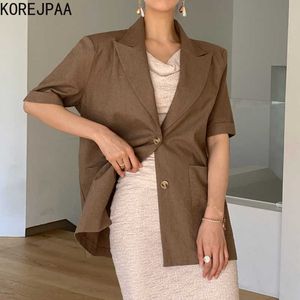 Korejpaaの女性のジャケット夏の韓国のシックな女性フランスの気質襟をオープンバックダブルポケット半袖スーツジャケット210526