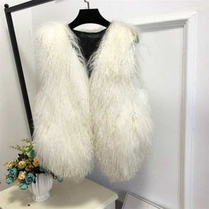 V Neck Natural 100% Czysta Mogolia Futro Kamizelka Oryginalna Real Owce Futro Gilet Podstawowy Match Krótki Drop Fur Coat TSR855 211129