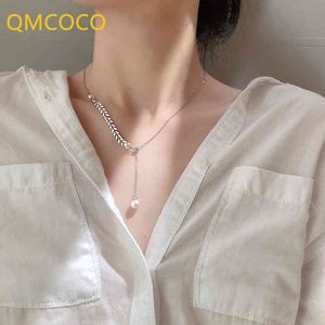 Qmcoco 925 Silver Clavicle Chain Kvinna Halsband 2021 Trendig Elegant Vete Ears Pearl Tassel Kvinna Födelsedagsfest Smycken Gift