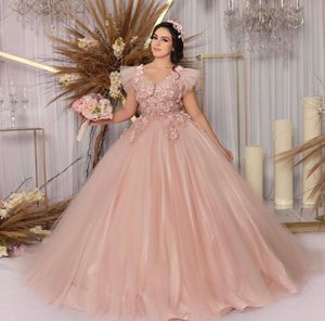 Rosa Princess Quinceanera Dress 2021 V Neck Cap Sleeve Blommor Sequins Pärlor Backless Sweet 16 Ball Gown Vestidos de 15 años