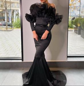 2021 Plus Size Arabski ASO EBI Stylowa Mermaid Sexy Prom Dresses Proste Satynowe Długie Rękawy Wieczór Formalna Party Druga Recepcja Suknia Sukienka ZJ366