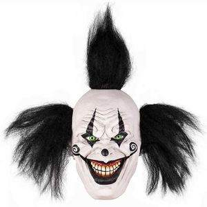 Halloween Evil Laughing Saw Clown Adult Costume Mask Creepy Killer Joker with Black Hair Cosplay Huanted House Props