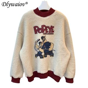 Polar Kazak Kazak Kadın Karikatür Baskı O-Boyun Gevşek Üstleri Kadın Kış Sıcak Sahte İki Parçalı Splice Giysileri Kadın Hoodies Sweatshi