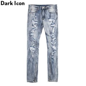 Destroyed Ankle Zipper Men's Jeans Fashion High Street Regular Jeans Men Denim Pants Blue 210603