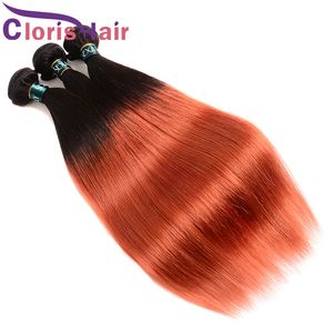 燃やされたオレンジ色のまっすぐな人間の髪の束マレーシアのバージン織り3pcsお得なオムア延長1b 350ダークルーツダブルマシン緯糸