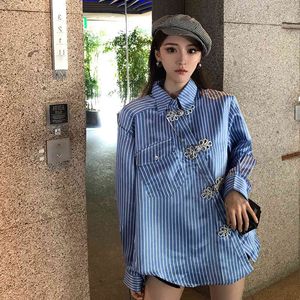 Philosphy Wonder Designer Style Women Blue Striped Asymmetrical Blouse Vintage Lapel Long Sleeve Loose Top 210510