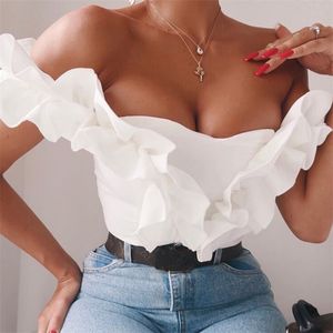 Yaz Kadın Moda Ruffles Kapalı Omuz Üst Seksi Kısa Kollu Beyaz Kulübü Ünlü Pist Parti Casual S 210423