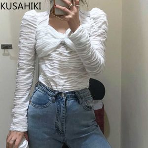 Korea Chic Plised Slim Woman Tshirts Puff z długim rękawem V-Neck Solidne Topy Koszula Wiosna Trójniki graficzne 6G073 210603