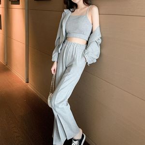 Spring Autumn Clothes Knitted Tracksuit Sweater Pants Set 3 Piece Women Outfits For Stacked Leggings Crop Top Women's Two