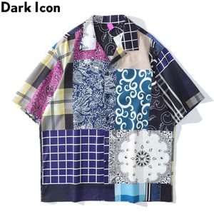 Bandana Plaid Patcwhork Polo Shirt Men Summer Vintage Street Fashion Men's Shirt Hawaiian Shirt 210603