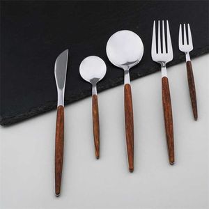 5/25PCS 304 Dinnerware Set Stainless Wooden Tableware Silverware Glossy Knife Fork Flatware Dishwasher Luxury Magic Cutleries 211112