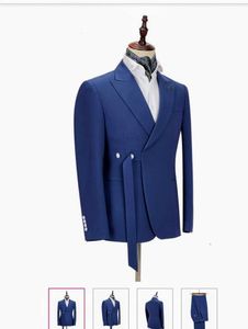 Navy Blue Mens Suits Casamento Smoking Dois Peças Noivo Formal Desgaste Cutom Feito Homem Jaqueta Calças Prom Festa Blazer Slim Fit Sash One Botões Masculino Terno Pico Lapela