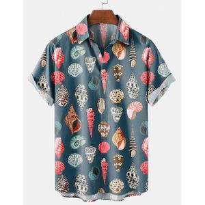 Hawaiian Shirt Mens Conch Shell Element Printed Lapel Short Sleeve Slå ner Krage Casual T Shirts Plus Storlek 5XL 6XL 210527