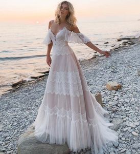 Spaghetti Straps Bridal Gown Bohemian Boho Beach Wedding Dresses Nude Champagne Off the Shoulder Vestidos De Renda 2021