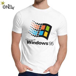 Vintage Windows 95 Vaporwave T shirt For Men Summer Cool Man Cotton Short Sleeve Round Collar 210629