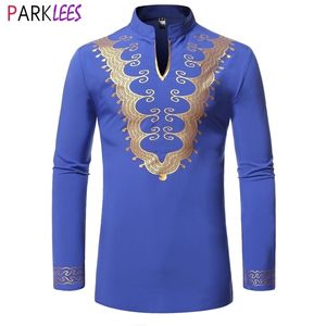 Royal Blue African Traditionell Bröllopsklänning Skjorta Män Brand Stand Collar Dashiki Tröjor Mens Bazin Riche Afrika Kläder 210522