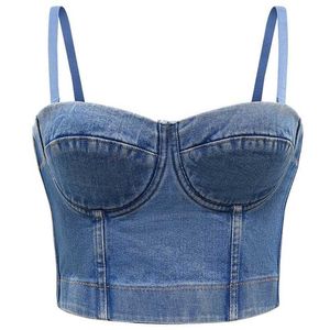 女性の取り外し可能なストラップクロップトップレトロデニムプッシュアップBustier Corset Club Camis 23ge 210608