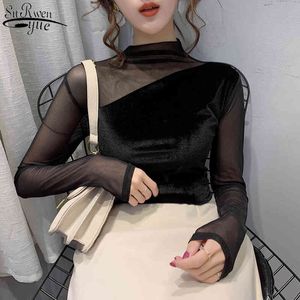 Winter Fashion Trend Western Style Sexy Hollow Half-turtleneck Long Sleeve Women's Shirt Mesh Top Solid Slim SHIRTS Women 11258 210417