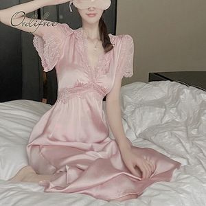 Summer Women Long Satin Short Sleeve Vintage Pink Lace Crochet Sexy Maxi Slip Dress 210415