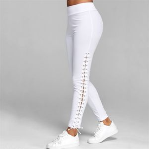 Plus Size S-3XL Lace Up Gromet Leggings Skinny Leggings Mulheres Pants Calças Preto Branco Leggings Streetwear Pant 211014