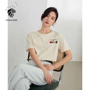 Fansilanen escritório senhora 100% algodão de manga curta t-shirt verão solto estilo coreano damasco damasco redondo Pescoço letra tops 210607