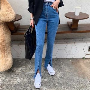 Vintage Blue Split Jeans Frauen Hohe Taille Streetwear Frauen Denim Hosen Frühling Sommer Slim Mom Jeans Weibliche Kleidung 211104