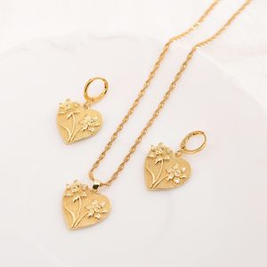 Love France RD Charm-Anhänger-Ohrring, Blumen-Herz, 24-Karat-Gelb, feines, massives Gold gefüllt, baumelndes Schmuckset