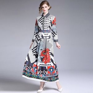 Bohemia Designer взлетно-посадочная полоса Maxi платье осень женские наручные рукава поворотный воротник элегантный геометрический рисунок старинные длинные платья 210514